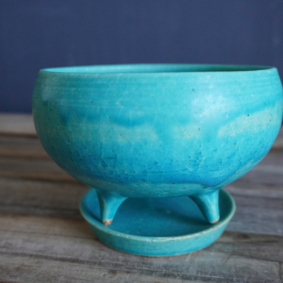 【陶器】トルコ青の脚付き植木鉢 11 11枚目の画像