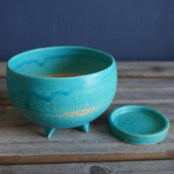 【陶器】トルコ青の脚付き植木鉢 12 15枚目の画像
