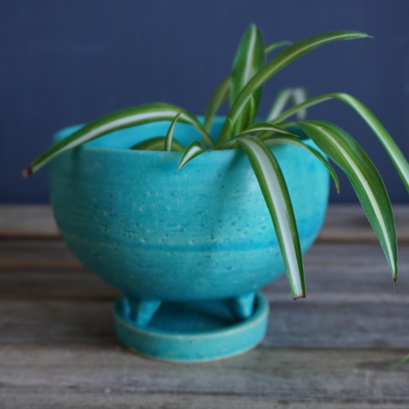 【陶器】トルコ青の脚付き植木鉢 12 4枚目の画像