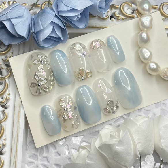 サイズオーダー♡パステルフラワーシェルネイルチップ ブルー size  