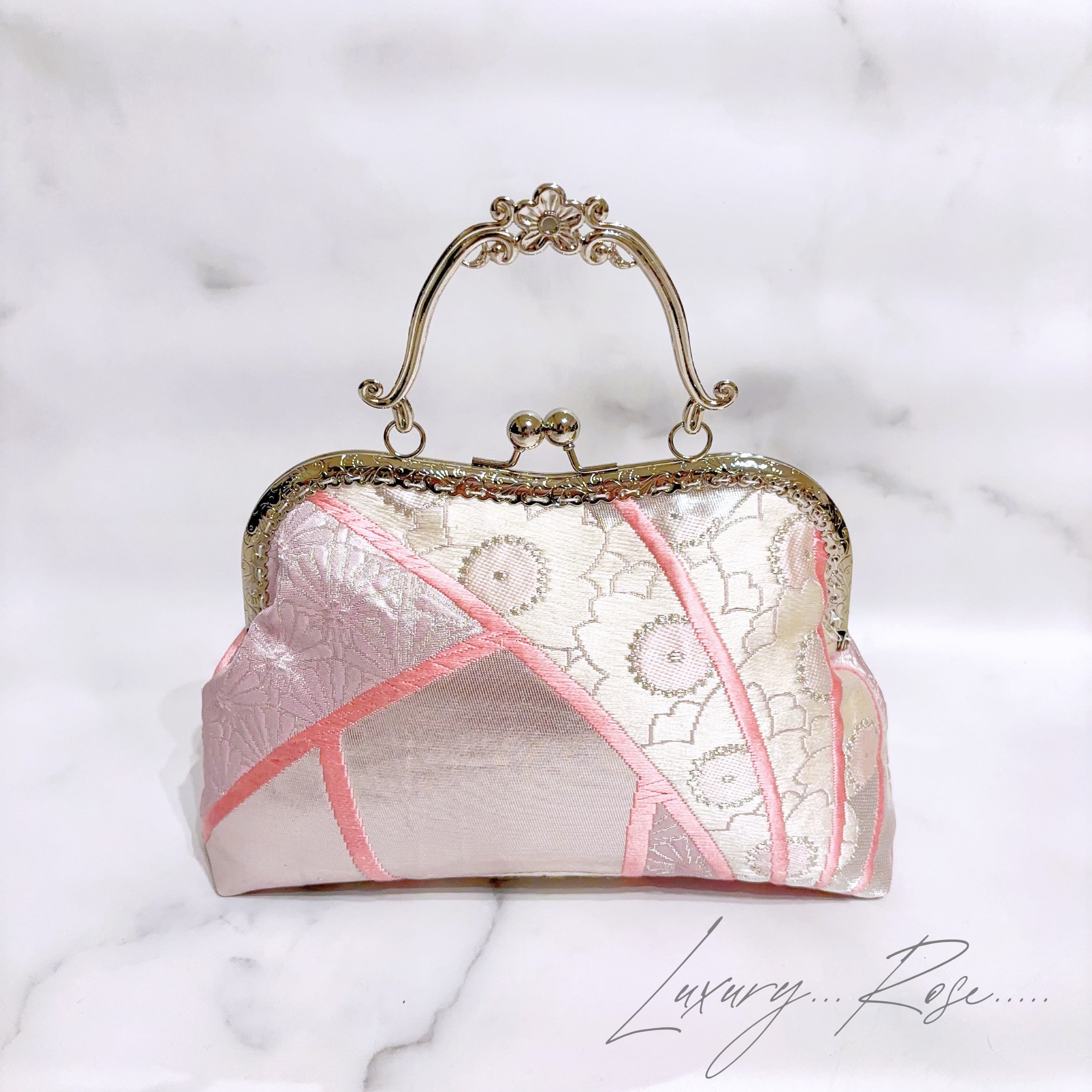 桜が満開♡桜ピンクの美しく正統派高級帯地でパーティーバッグ　フォーマルバッグ