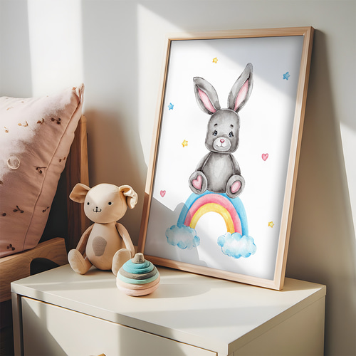 アートポスター うさぎ ウサギ 虹 レインボー 水彩画 動物イラスト