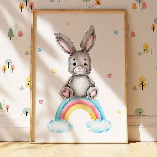 アートポスター うさぎ ウサギ 虹 レインボー 水彩画 動物イラスト