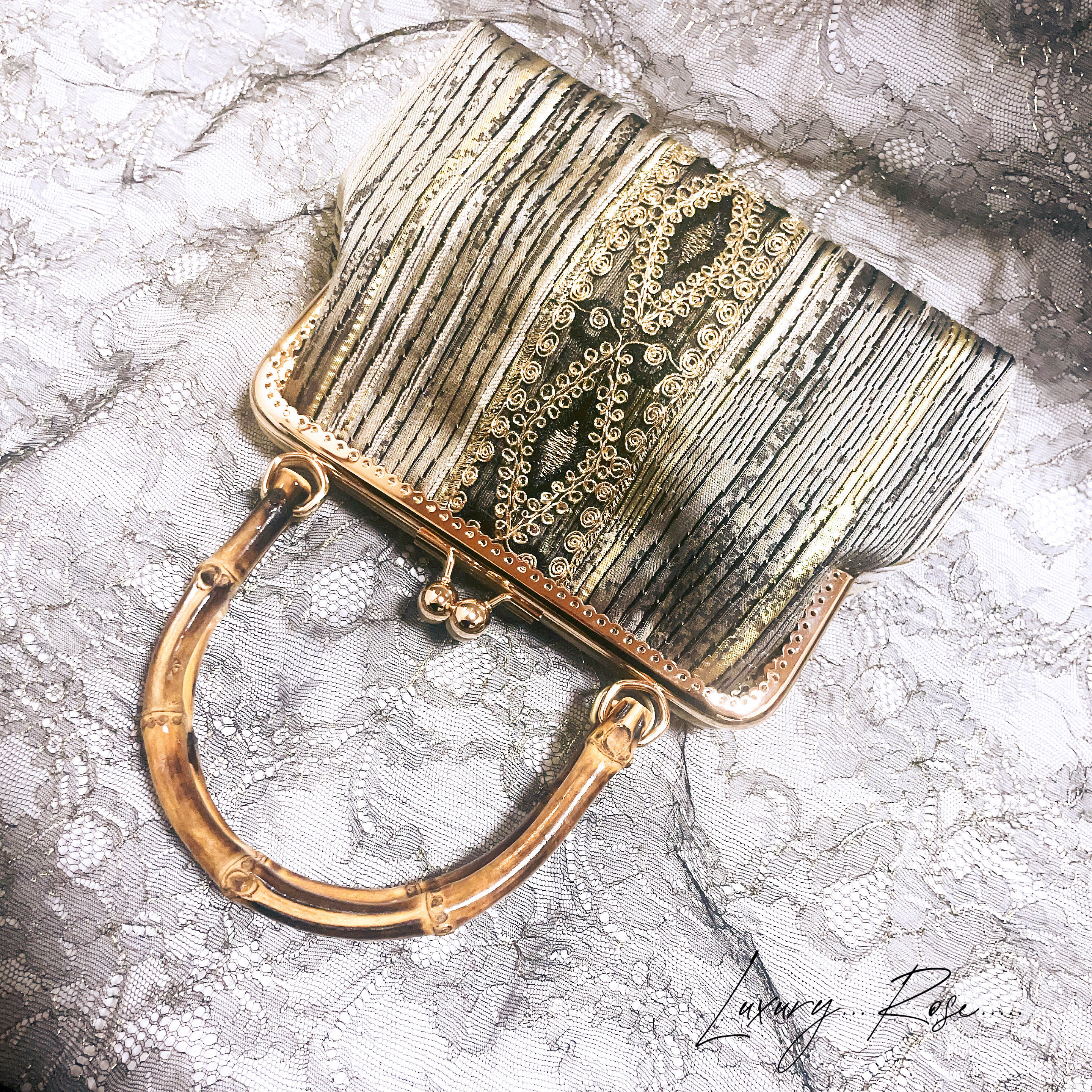 特別仕様！！イタリア高級変わり生地and選べる刺繍オートクチュールレース❤︎竹バンブーハンドル小さめフォーマルバッグ