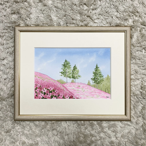 芝桜の丘」透明水彩画 原画 風景画 額縁付 SMサイズ 絵画 Oni
