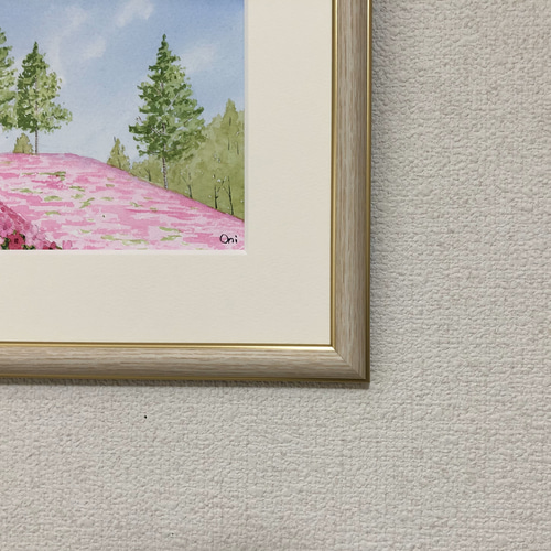 芝桜の丘」透明水彩画 原画 風景画 額縁付 SMサイズ 絵画 Oni 芝桜の丘」透明水彩画 原画 風景画 額縁付 SMサイズ 絵画 Oni