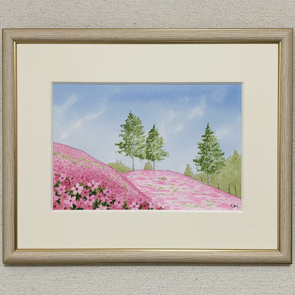 芝桜の丘」透明水彩画 原画 風景画 額縁付 SMサイズ 絵画 Oni 芝桜の丘」透明水彩画 原画 風景画 額縁付 SMサイズ 絵画 Oni