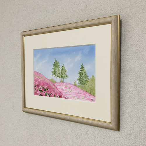 芝桜の丘」透明水彩画 原画 風景画 額縁付 SMサイズ 絵画 Oni 芝桜の丘」透明水彩画 原画 風景画 額縁付 SMサイズ 絵画 Oni