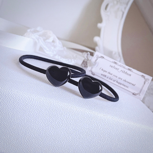 ハート ブラックオニキス 長持ち日本製ヘアゴム ＊ ゴム交換可 天然石