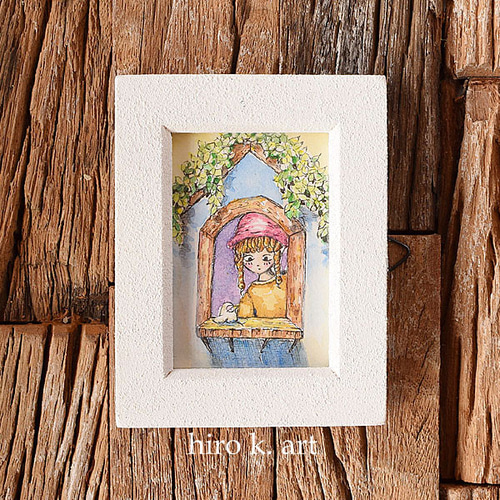 ミニ原画 * 窓際の小鳥と女の子* イラスト hiro k. 通販 15829144