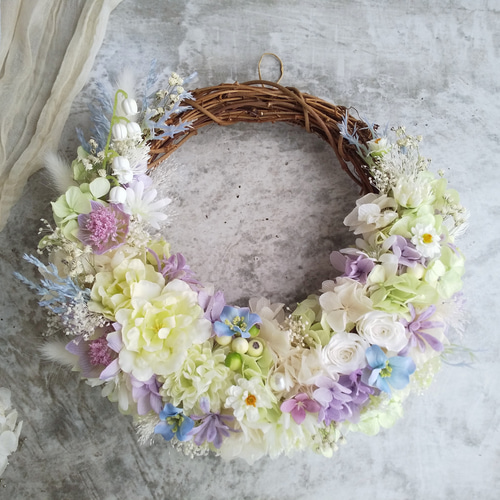 ◇リース◇ハーフリース◇プレゼント 直径約30cm】大きなホワイトハーフムーンリース ◇ ドライフラワー