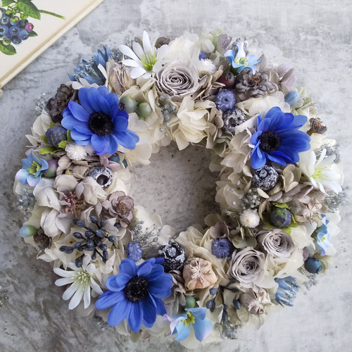 Happy blue＞＊紫陽花＊満月＊フラワーリース＊プリザーブド