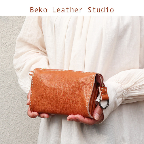 ハラコの本革でハンドメイドした長財布/大きな財布/LV-harako-カーキと