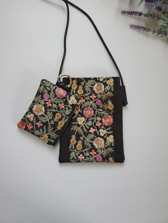 スマホショルダー★インド刺繍リボン　ピンクの花柄★　母の日/スマホショルダー/スマホポシェット/サコッシュ 2枚目の画像