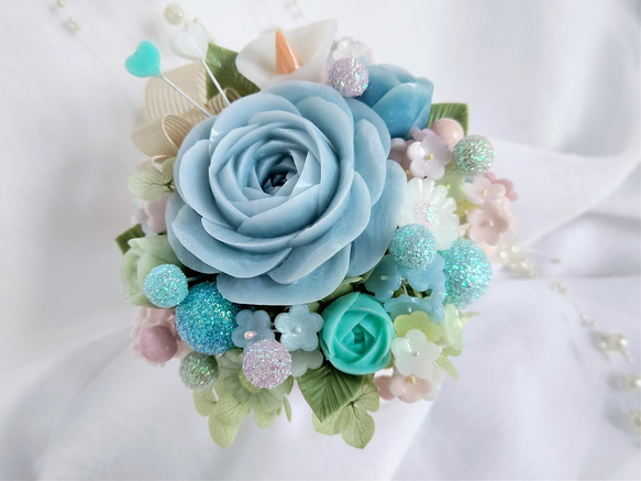 石鹸のバラと花のギフト～飾り晴れやかブルー2024/ソープカービング/石鹸彫刻 3枚目の画像