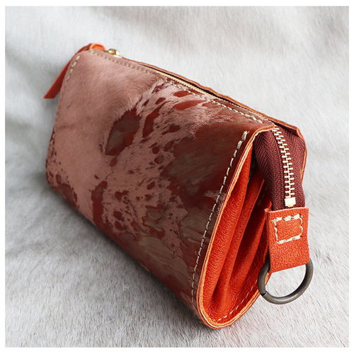 ハラコの本革でハンドメイドした長財布/大きな財布/LV-harako-オレンジ