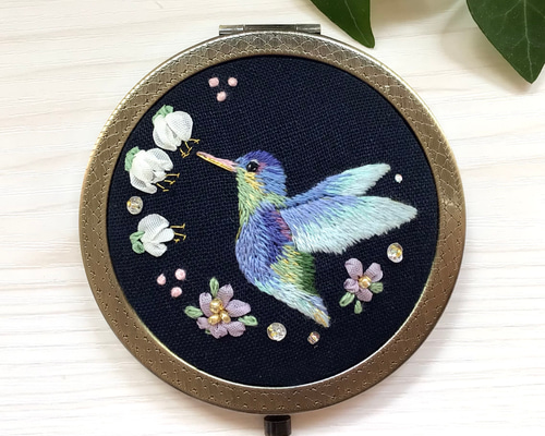 ハチドリ ハミングバード ミラー 手鏡 ハンドメイド リボン 手刺繍