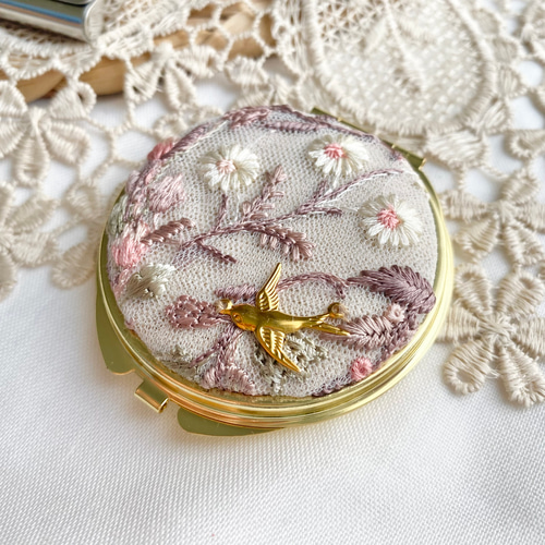インド刺繍リボンのコンパクトミラー୨୧⋆* サークルゴールド 手鏡