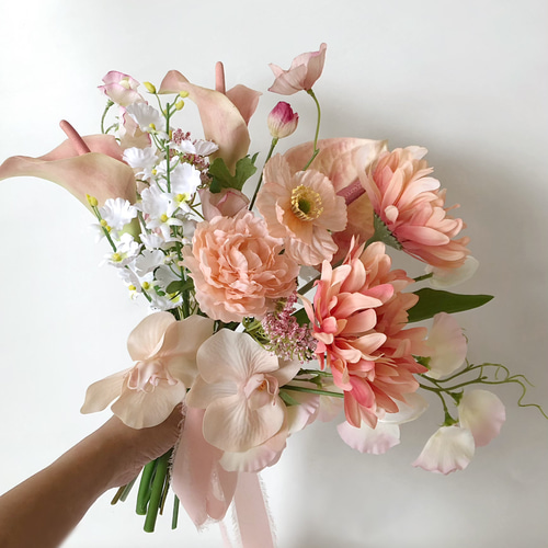 モーヴピンク テラコッタ ウェディングブーケ 造花 胡蝶蘭 リボン 結婚