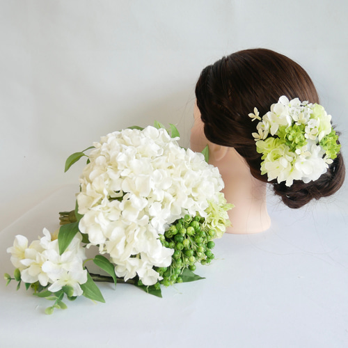 あじさい ウエディング 緑 ブーケ ブートニア ヘッドドレス 結婚式