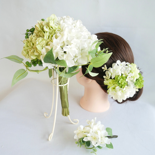 あじさい ウエディング 緑 ブーケ ブートニア ヘッドドレス 結婚式