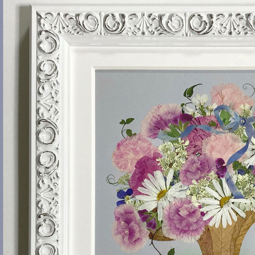 押し花アート❀小さな花籠❀押し花額 花 けばけばしく