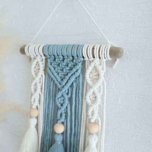 再販！コンパクトなマクラメタペストリー（ブルーグレー×生成り