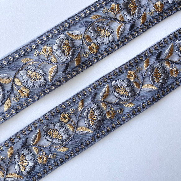【50cm】インド刺繍リボン　ブルーグレー　チュール　GN660 4枚目の画像