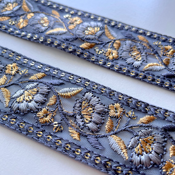 【50cm】インド刺繍リボン　ブルーグレー　チュール　GN660 5枚目の画像