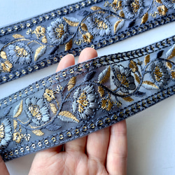 50cm】インド刺繍リボン ブルーグレー チュール GN660 リボン・テープ  