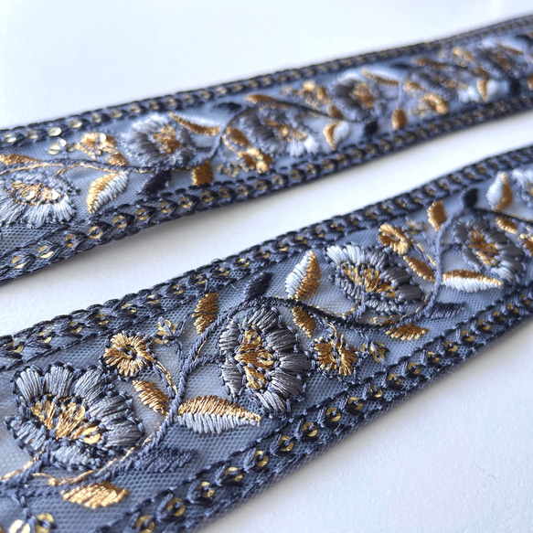 【50cm】インド刺繍リボン　ブルーグレー　チュール　GN660 3枚目の画像