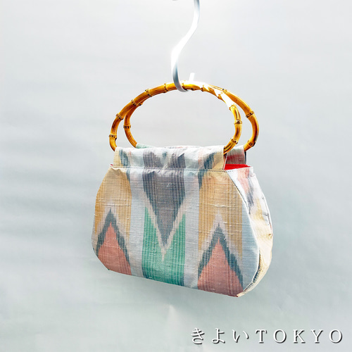 竹持ち手のインドシルクバッグ♪着物に合うバッグ【送料無料