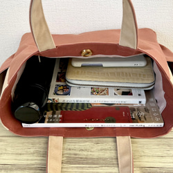 【Mサイズ】オールドローズ　手提げトートバッグ　akaneko サイドポケット付き　バッグ　A4収納 9枚目の画像