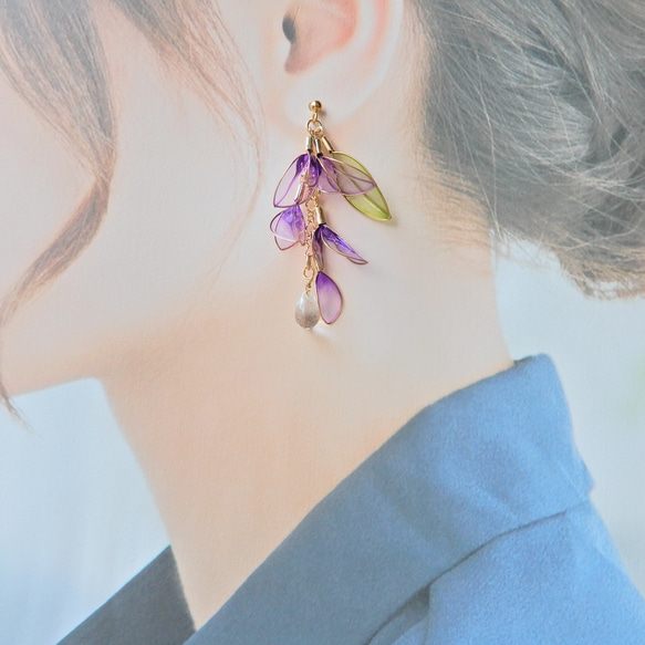 『藤の花』 － 藤の片耳ピアス・イヤリング　ディップアート/ふじ/耳飾り 4枚目の画像