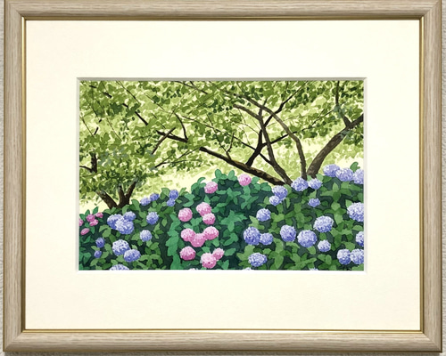 紫陽花」透明水彩画 原画 風景画 額縁付 SMサイズ 絵画 Oni 通販