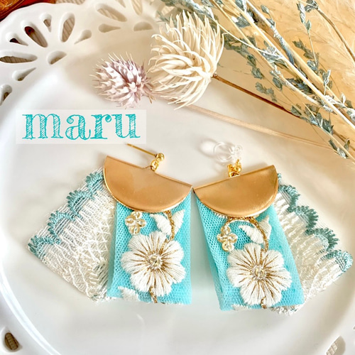 青チュールパールボタンピアスイヤリングリボンヴィンテージレース