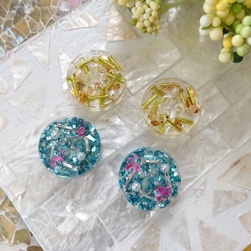 レジンボタン☆4個 j-46 グリーン/ブルー/ボタン/カボション/パール