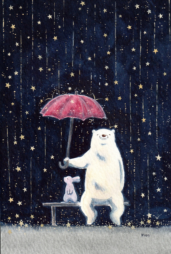 受注制作】小さな星の雨が降った夜【うさぎとクマ】 絵画 kuro
