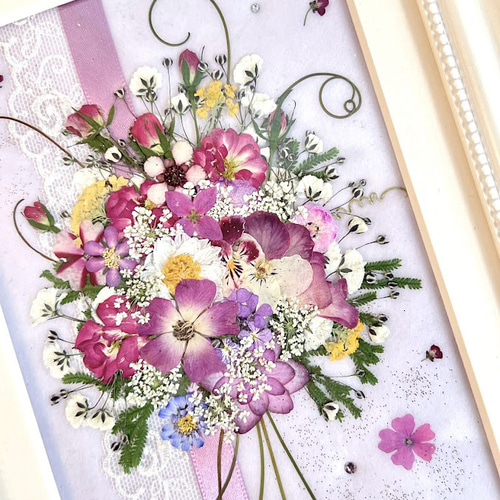 ピンクのおしゃれ可愛い押し花アート額 ギフト 母の日 その他アート