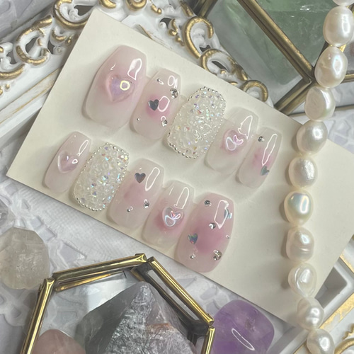 サイズオーダー♡量産型チーク風×ハート×ピクシーネイルチップ  