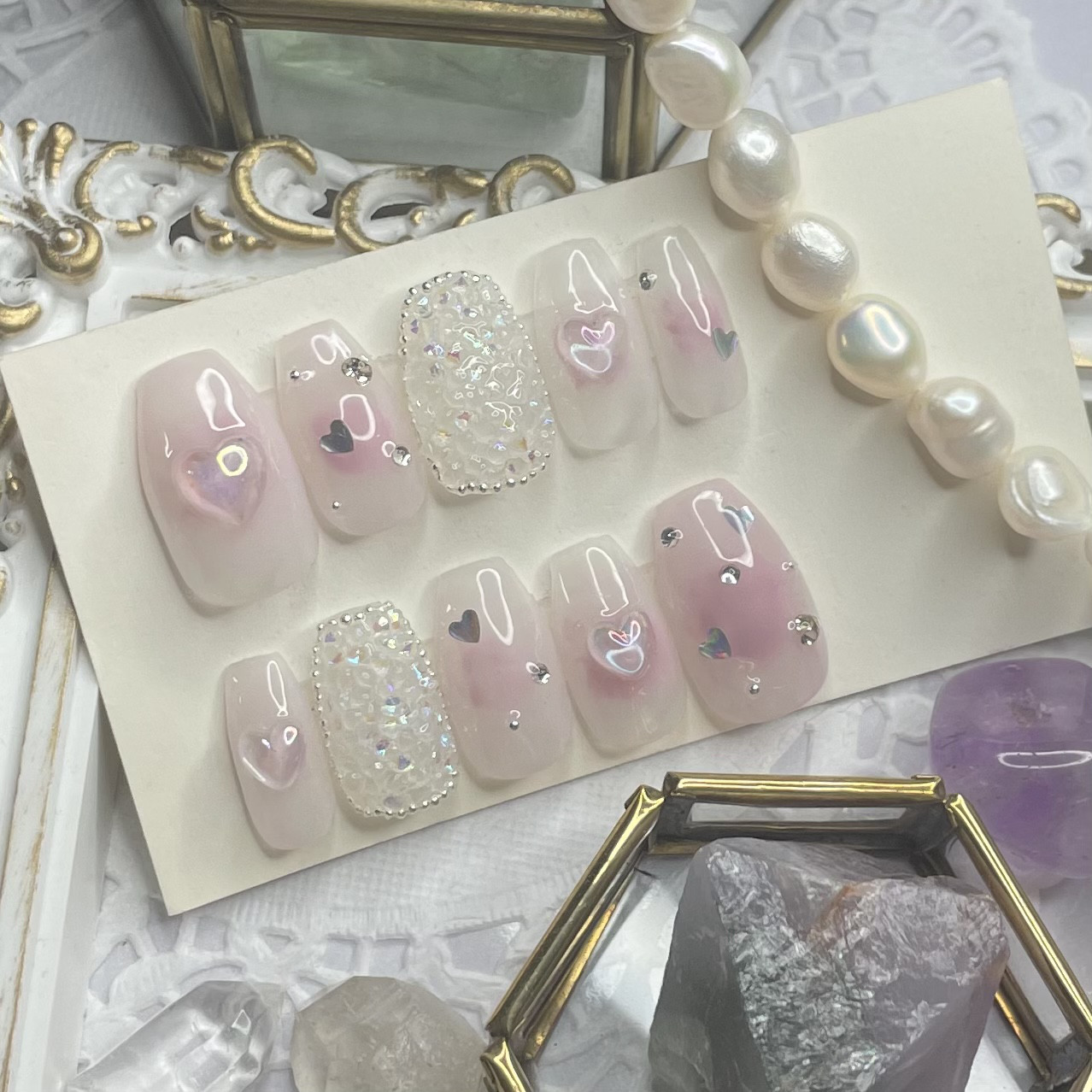 サイズオーダー♡量産型チーク風×ハート×ピクシーネイルチップ  