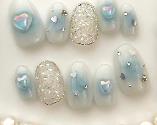 サイズオーダー♡量産型チーク風×ハート×ピクシーネイルチップ ブルー