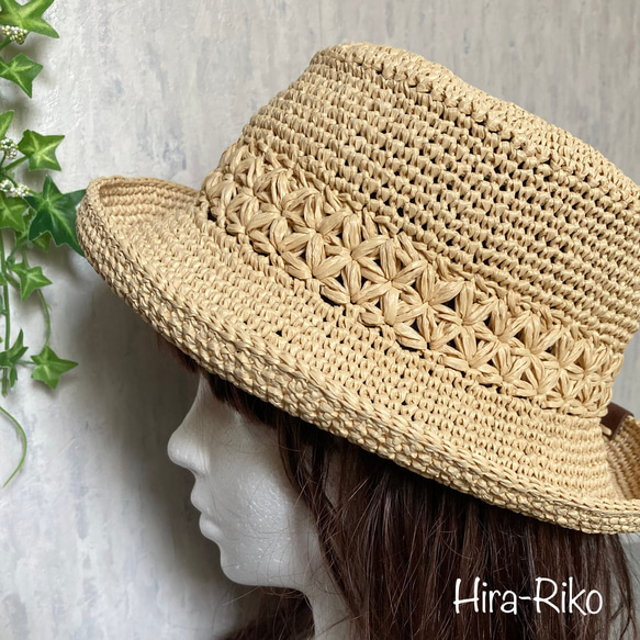 [受注制作Ｌ]リフ編み入り手洗い出来る夏の帽子(Lサイズ) 4枚目の画像
