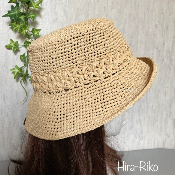 [受注制作Ｌ]リフ編み入り手洗い出来る夏の帽子(Lサイズ) 3枚目の画像