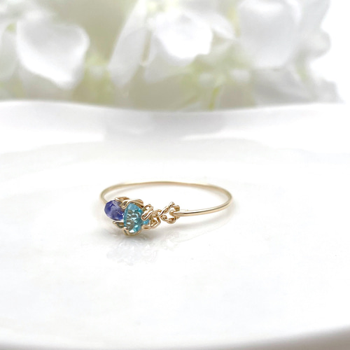 14kgf］Sweet antique - スイスブルートパーズとタンザナイトの立爪