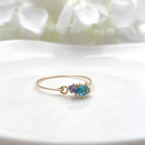 14kgf］Sweet antique - スイスブルートパーズとタンザナイトの立爪