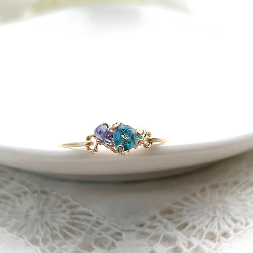 天然石　スイスブルートパーズ＆スモーキークォーツ　ワイヤーラッピング 14kgf スモーキークォーツとスイスブルートパーズ のリングセット（11