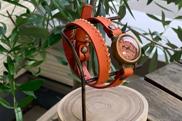 手作り腕時計　Via Flaminia(マンゴー色 & マンゴー色 2重巻きベルト) 2枚目の画像