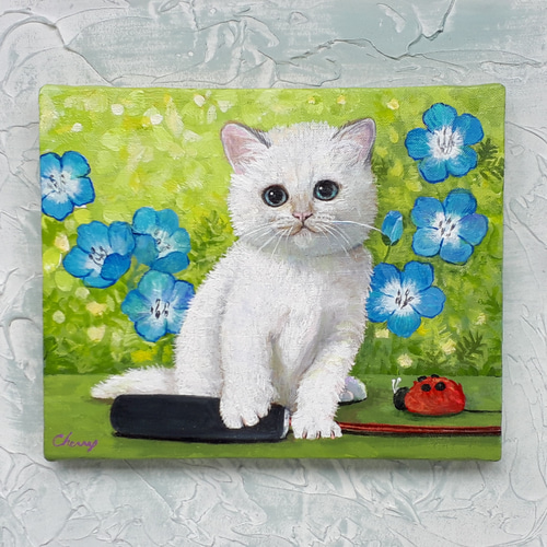 一点物】『 白い仔猫とネモフィラ 』アクリル 絵画 インテリア