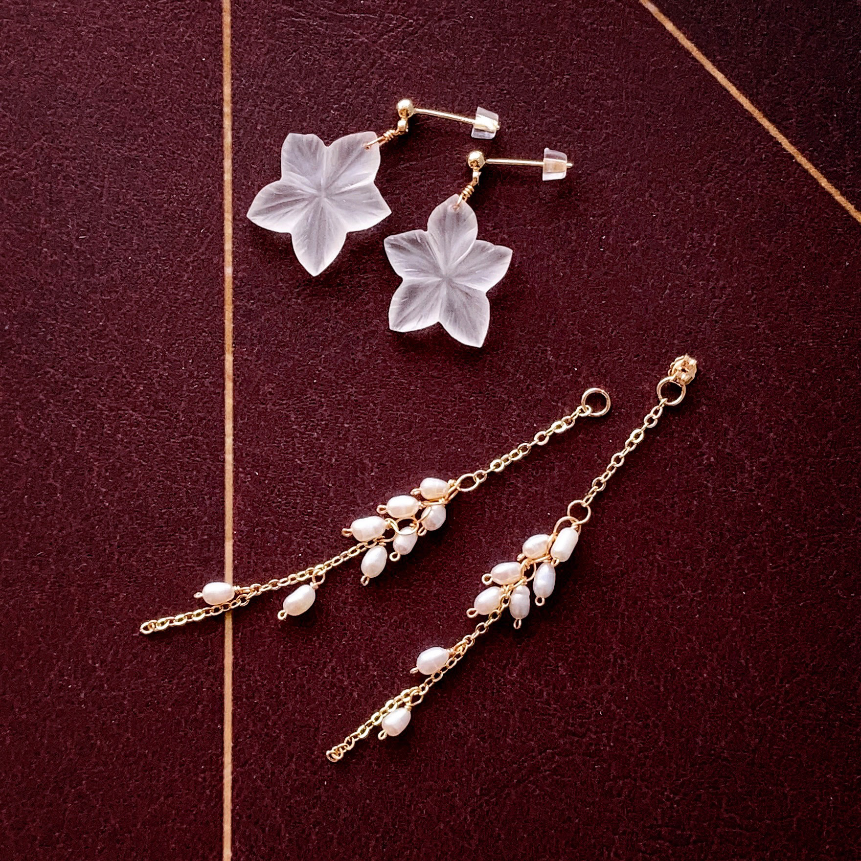 ●《14kgf》クリスタルジャスミン&パールチャーム・ピアスorイヤリングorイヤーカフ